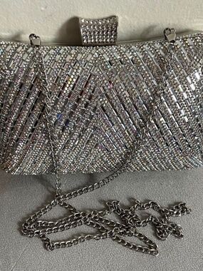 Silver Crystal Evening Clutch with Chain Strap
